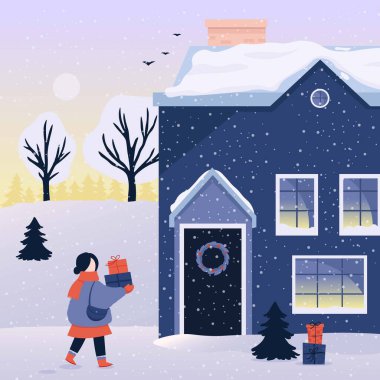 Kış Noel Vektörü Arkaplanda hediyeli bir kadın.