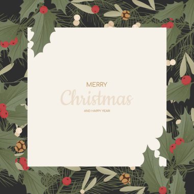 Gerçekçi Noel ağacı dalları, köknar kozalakları, ökseotu ve çobanpüskülü, ilex.