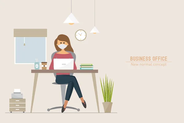 Business office woman wearing face mask and maintain social distancing. Stop covid-19, vector illustration