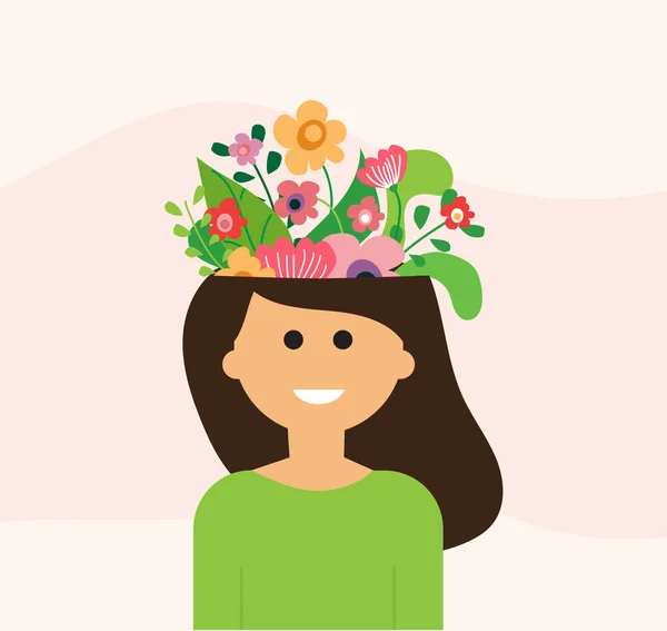 Illustration Santé Mentale Concept Jeune Femme Avec Des Fleurs Dans — Image vectorielle