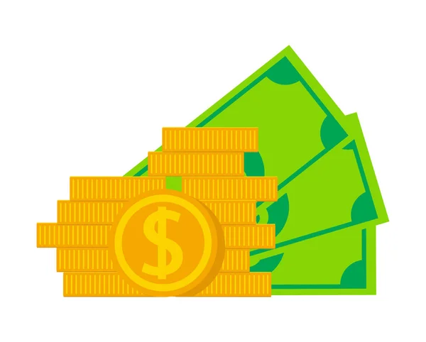 Gouden Dollar Munten Groene Dollar Bankbiljetten Vector Illustratie — Stockvector
