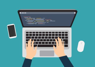 Programlama ve kodlama kavramı, bilgisayar ekranında üst açı görünümü, vektör illüstrasyonu