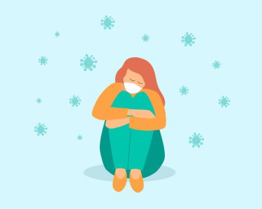 Yalnızlık ve depresyon, sosyal uzaklık, izole edilmiş COVID-19 koronavirüs krizi, vektör illüstrasyon