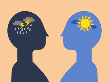 Beyin sağlığı psikoterapisi, bipolar konsept, vektör illüstrasyonu olan iki insan kafası silueti.