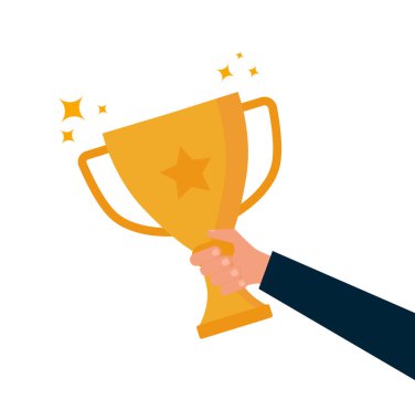 Kazanan kupayı erkeğin eli tutuyor. Liderlik fikri, birincilik ödülü, yarışma galibi. İş hedefi başarı kavramı