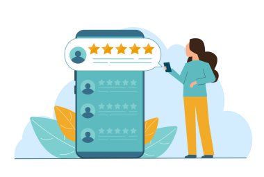 Beş yıldızlı geri bildirim yapan ve akıllı telefon uygulamasından tatmin olma oranını seçen bir kadın. Müşteri değerlendirme ve geri bildirim kavramı
