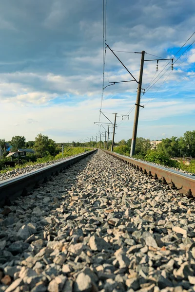 Railway Passing Forest Goes Distance Clear Sunny Summer Day — Stock Photo, Image