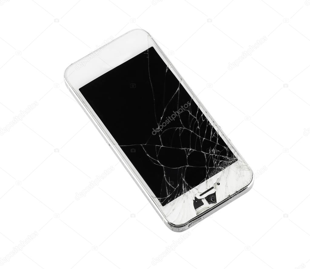 Broken Screen Smartphone on white background. image is copy space