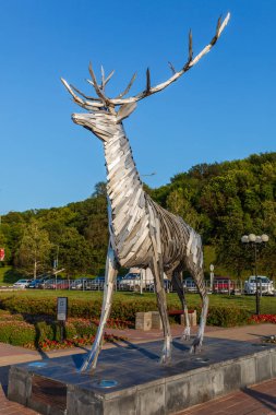 Nizhny Novgorod, Russia-May 5, 2018: Metalic sculpture, Deer, symbol of Nizhny Novgorod. Sculpture was presented to city by Honorary Consul as token of friendship between Hungarian and Russian people clipart