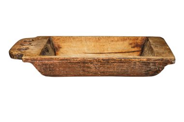 Kullanılan, vintage ahşap yalak, ahşap-çürüme mantar noktalar ile kırık. Eski ev eşyası. Beyaz izole.