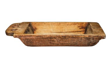Vintage wooden trough, used, cracked, with spots of wood-decay fungus. Old household equipment. Isolated on white. clipart