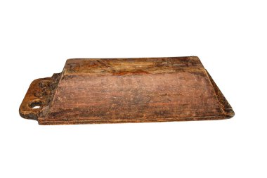 Kullanılan, vintage ahşap yalak, ahşap-çürüme mantar noktalar ile kırık. Eski ev eşyası. Beyaz izole.