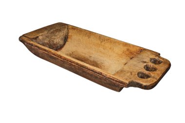 Kullanılan, vintage ahşap yalak, ahşap-çürüme mantar noktalar ile kırık. Eski ev eşyası. Beyaz izole.
