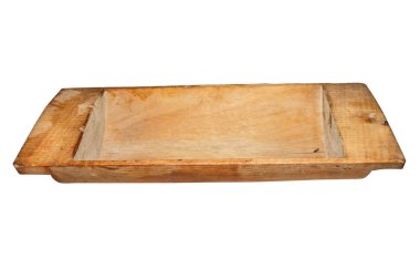 Kullanılan, vintage ahşap yalak, ahşap-çürüme mantar noktalar ile kırık. Eski ev eşyası. Beyaz izole.