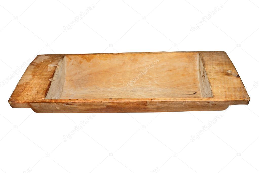 Vintage wooden trough, used, cracked, with spots of wood-decay fungus. Old household equipment. Isolated on white.