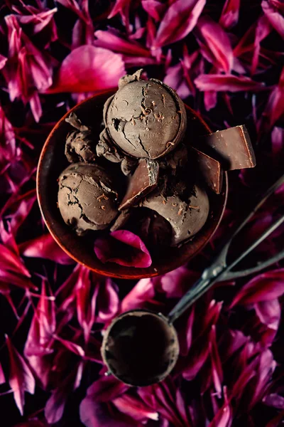 Tres Cucharadas Helado Chocolate Negro Con Sabor Floral Dulce Rodeado —  Fotos de Stock