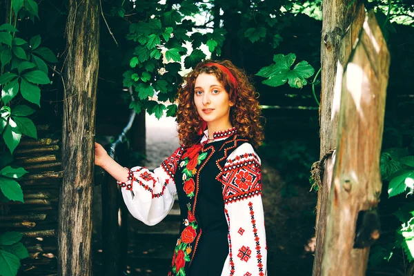 Genç Slavonic kadında geleneksel kostüm işlemeli ve kırmızı ayakkabılar ile eski ahşap kapı açma çapraz