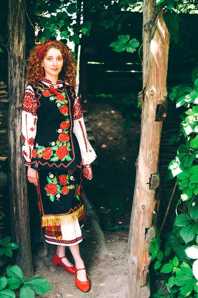 Genç Slavonic kadında geleneksel kostüm işlemeli ve kırmızı ayakkabılar ile eski ahşap kapı açma çapraz