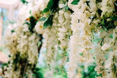 Düğün töreni için hazırlanıyor. Düğün kemer beyaz çiçeklerle süslenmiş
