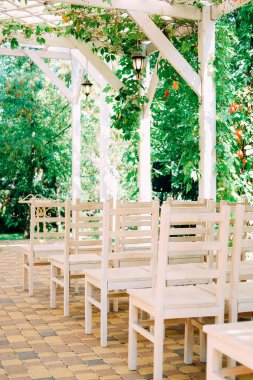 Düğün töreni için hazırlanıyor. Düğün kemer beyaz çiçekler ve sandalyeler ile misafirler için dekore edilmiş.