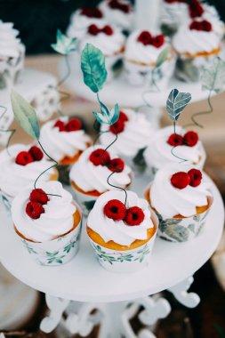 Ahududu ile tepesinde beyaz buzlanma ile tatlı lezzetli cupcakes