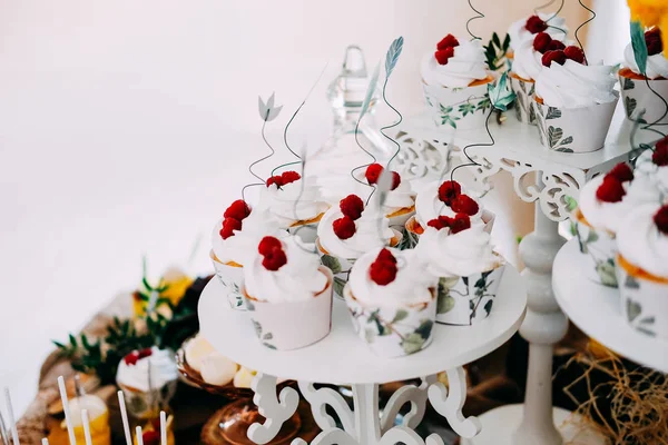 Dulces Pastelitos Sabrosos Con Glaseado Blanco Cubierto Con Frambuesas — Foto de Stock