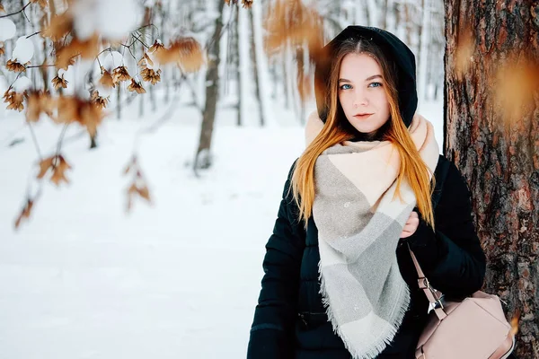 Ελκυστική Ξανθιά Νεαρή Γυναίκα Ενηλίκων Περπατώντας Χειμώνας Δάσος Γεμάτο Χιόνι — Φωτογραφία Αρχείου
