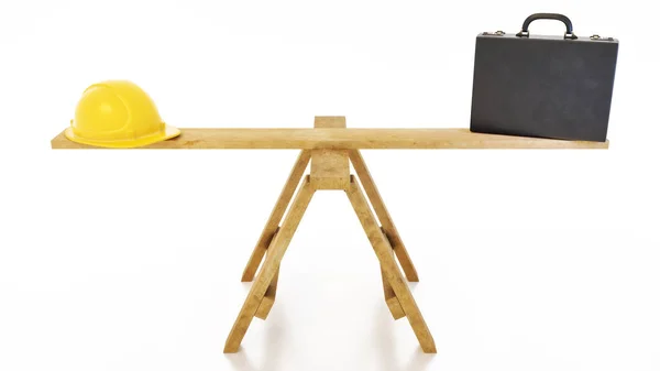 Sawhorse balance beam concept with yellow hard hat and black leather business briefcase isolated on a white background. - 3D Illustration