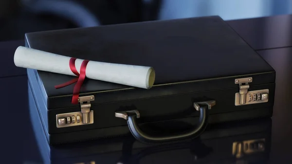 Rolled up diploma parchment with red silk ribbon resting on top of black leather business briefcase.  - 3D Illustration