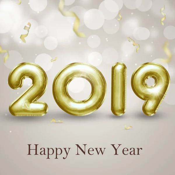 珍贵和典雅的黄金3D 新年快乐 2019 铝箔气球与卷曲的五彩纸屑在一个光优雅的散景背景 — 图库照片