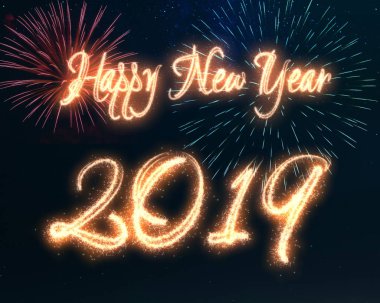 Mutlu yeni yıl 2019 hat sanatı ile yazılmış bir karanlık gece gökyüzü üzerinde görüntülenen havai fişek ışıltı. Parlak parlak parlayan şenlikli tatil Gösterim amacıyla yeni yıl ve mevsim selamlar.