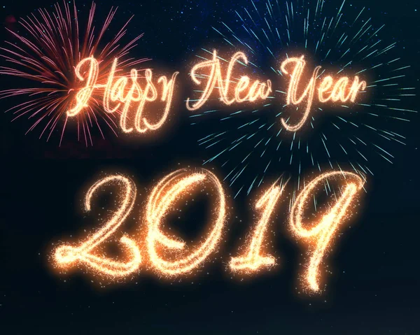 新年快乐2019书法用闪光的烟花在夜空中显示 为新年和节日的问候而闪亮的明亮的喜庆节日插图 — 图库照片