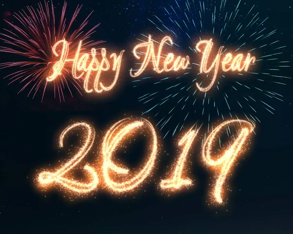 Happy New Year 2019 Calligraphy Written Sparkle Fireworks Displayed Dark — Stock Photo, Image