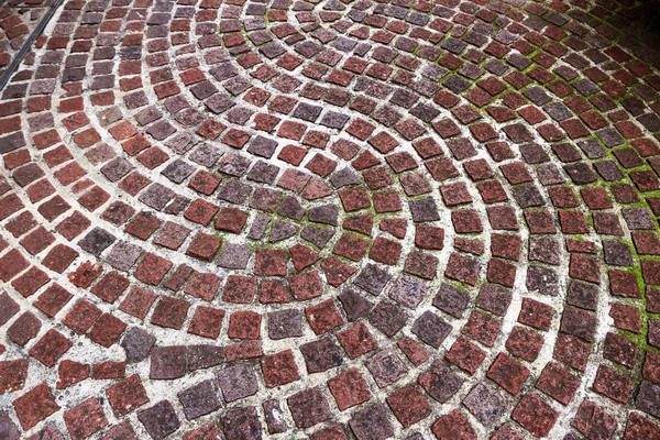 A sidewalk on which bricks are laid