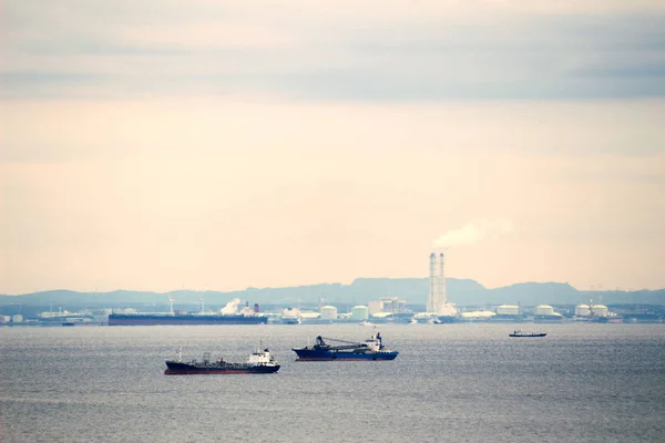 Industrial areas in Tokyo Bay and tankers going over the sea