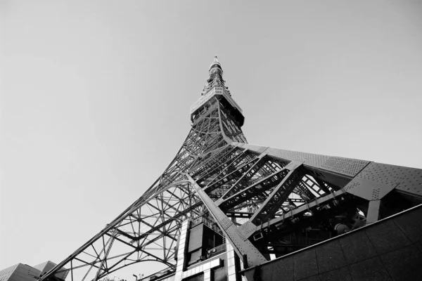Tokyo Kulesi'nin siyah beyaz fotoğrafı aşağıdan yukarıya bakıyor