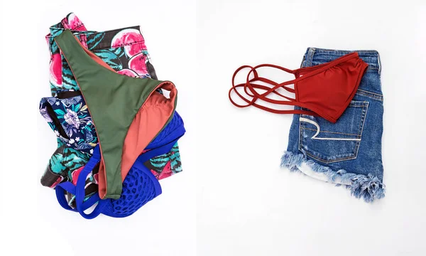 bikini and short jean, woman summer clothes travel concept.