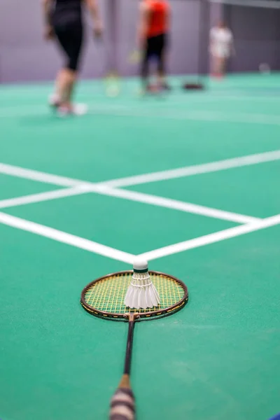 badminton raketle ve raket kortu üzerinde.