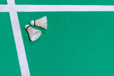 closeup badminton raketle yeşil sahada.