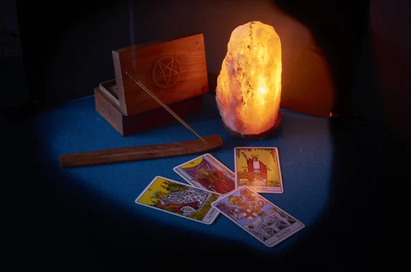 Wooden box of tarot incense and salt lamp letters