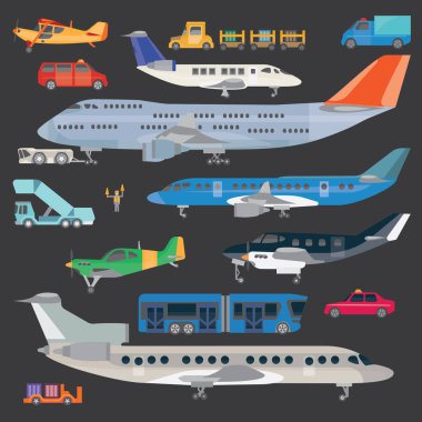 Uçak ve Havaalanı ekipmanları. Uçak ve servis araç aerodrome Hizmetleri için çeşitli türleri. Arabada bir merdiven, bir traktör, bir otobüs, Bagaj. Reaktif uçak ve bir pervane ile
