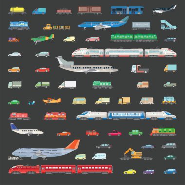 Big set vector illustration of transport. Images of various types of aircraft, trains, cars, trucks and wagons for the transport of goods and travel. Color illustration in a flat style. clipart