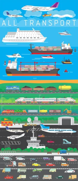 描述不同运输类型的矢量插图 火车和各种类型的汽车 旅行和货物运输说明 — 图库矢量图片