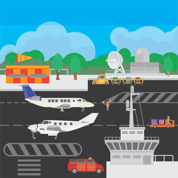 Aéroport Campagne Illustration Aérodrome Banlieue Avec Équipement Système Service Système — Image vectorielle