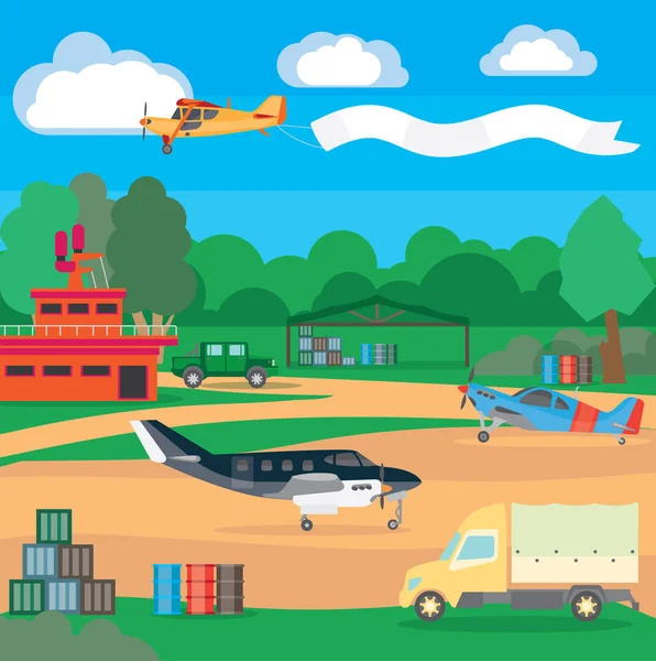 郊区机场的例证与设备和服务系统 分派和定位系统 旅行和娱乐插图 — 图库矢量图片