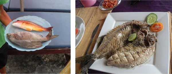 İki bütün balıklar taze, önce ve sonra ızgara, gösterilen plaj restoran Bali müşteriye sunulan yakaladı 