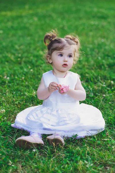 Kind Kleines Mädchen Kleid Park Auf Gras — Stockfoto