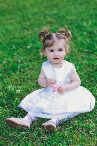 Kind Kleines Mädchen Kleid Park Auf Gras — Stockfoto