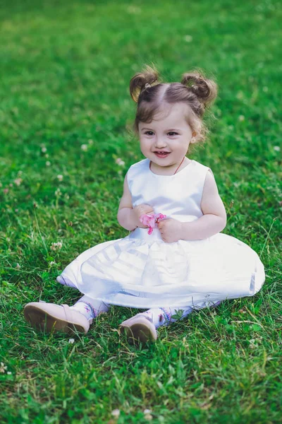 Child Little Girl Dress Park Grass — Stock Photo, Image