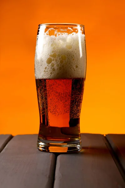 Glass Mug Beer Wooden Table Orange Background — Stock Photo, Image